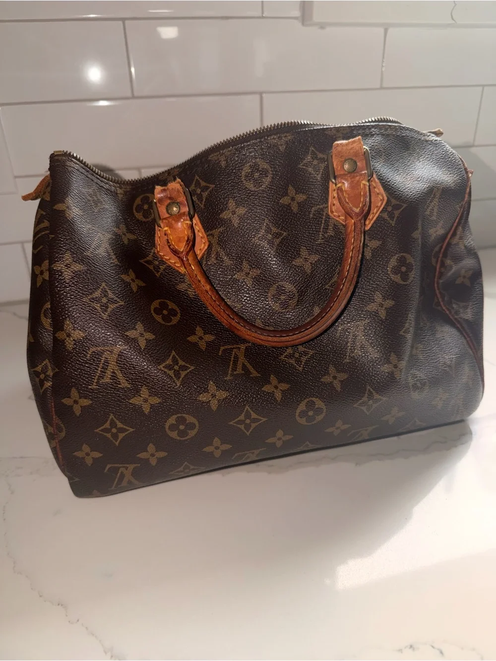 Louis Vuitton Brown Monogram Speedy with Tan Handles